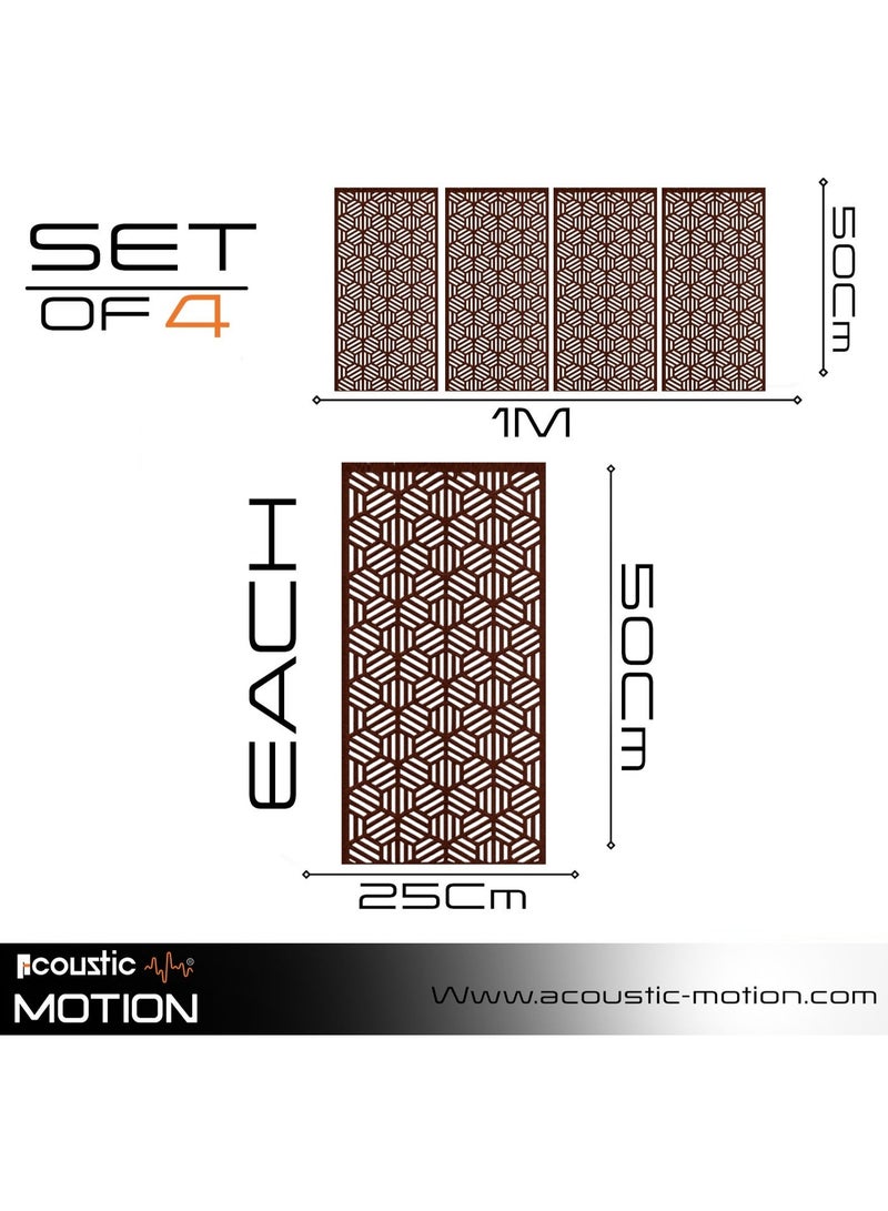 أكويستك موشان لوحات جدارية خشبية من خشب MDF من ACOUSTIC MOTION®، بتصميم سداسي مع شريط لاصق مزدوج الوجه، لون بني عصري، مناسبة للمنزل، غرفة المعيشة، غرفة النوم، المكتب والفندق، 25×50×0.5 سم، طقم من 4 قطع - Image 2